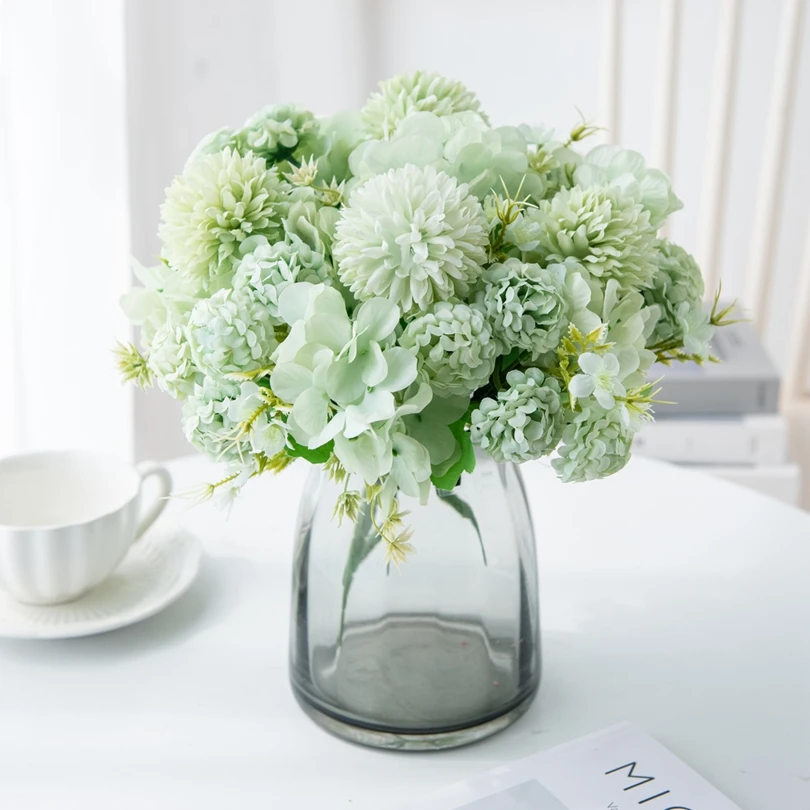 10 Stück Künstliche Blumen aus Seidenhortensien, Handgefertigter Brautstrauß, Festliche Vase, Heimdekoration, Garten, Hochzeitstisch, Pflanzen, DIY-Geschenk – Detail 2
