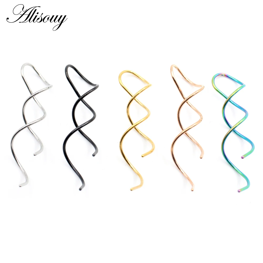 Alisouy 2PCS Punk Stainless Steel Wave Tassel Twist Dangle Men Women Ear Hook Earrings Fake Ear Expander Piercing Body Jewelry