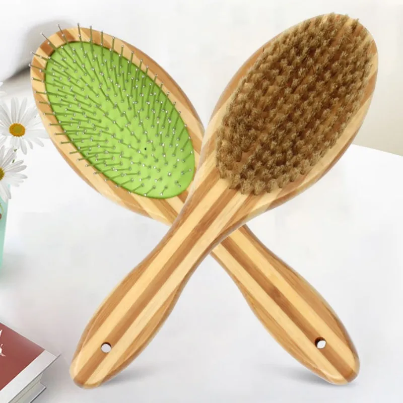 Dog Brush Bamboo Dogs Comb Double-sided Dogs Hair Brush Pet Grooming Massage Comb Stainless Steel Dog Hair Remover Pet Supplies