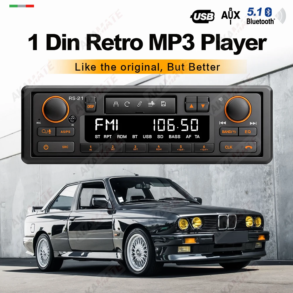 1 Din MP3 Car Radio Retro Style Bluetooth5.1 AUX FM AM RDS EQ QC3.0 Voice Control 12V Multimedia Stereo Head Unit USB TF Player