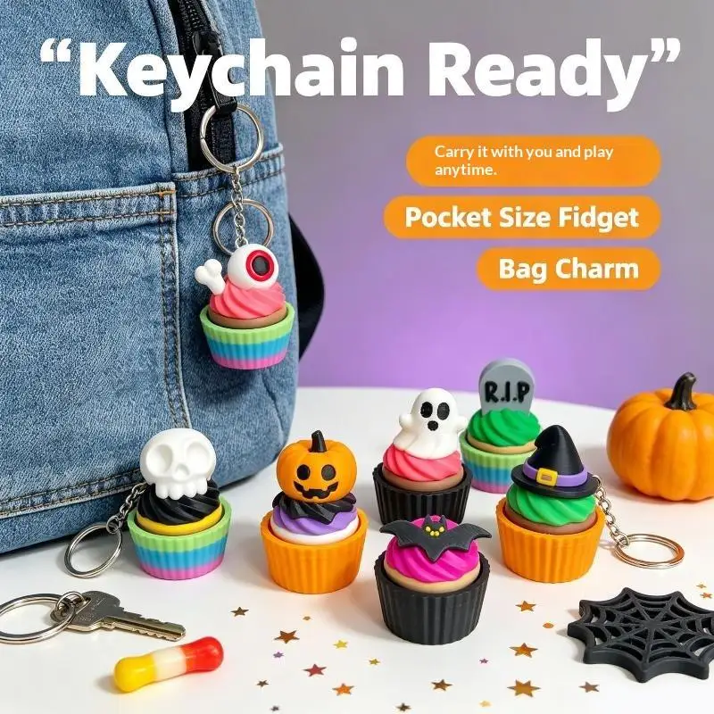 3D-gedruckter gruseliger süßer Cupcake-Clicker-Fidget-Halloween-Schlüsselanhänger, Fingerspitzen-Druck-Dekompressionsspielzeug für Halloween-Partygeschenke – Detail 4