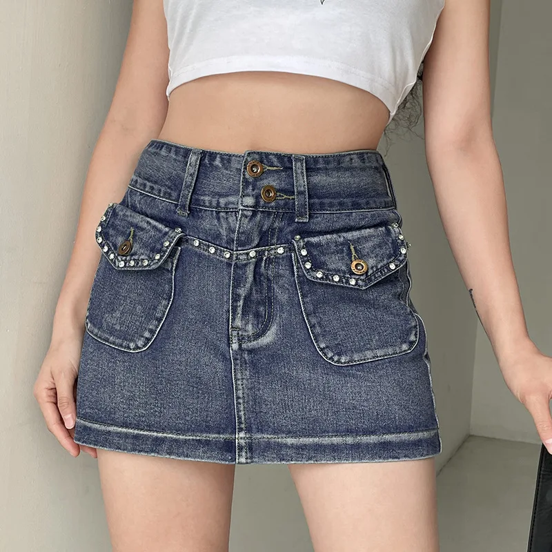 

High Street Vintage Pocket Diamonds Mini Denim Skirt Women High Waist Slim A-Line Short Skirt q659