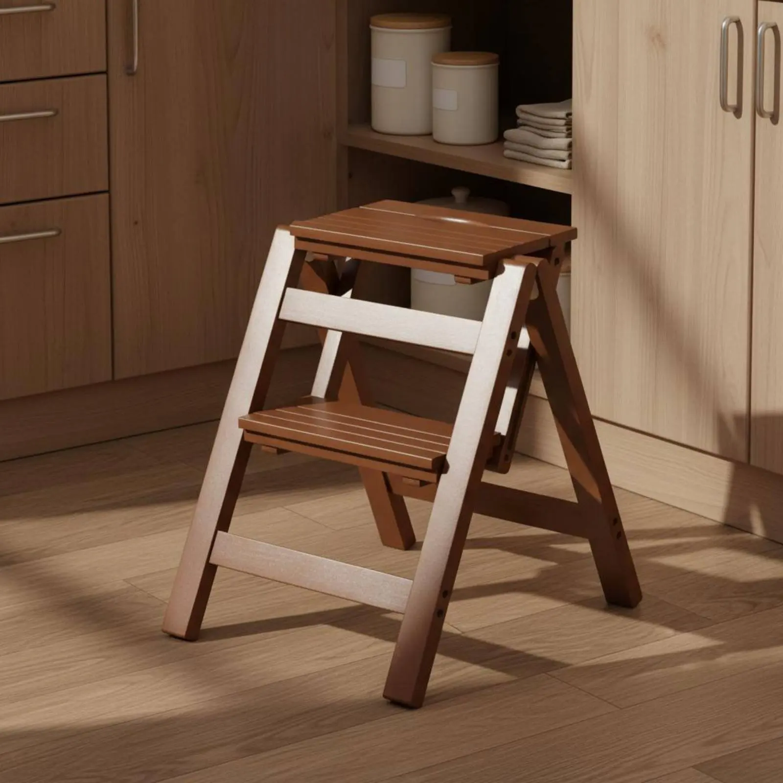 竹製はしご兼用スツール-多機能3段折りたたみはしご-3段折りたたみスツール-簡単組み立て-軽量-クローゼット用