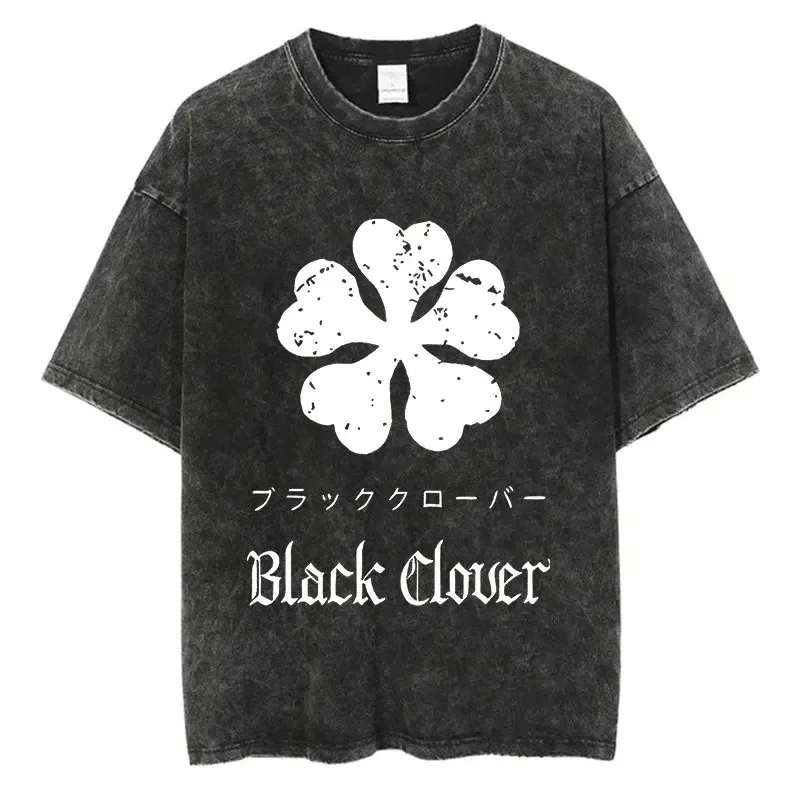 Anime Black Clover Washed T-Shirt Harajuku Streetwear Graphic Retro T-Shirt Summer 100% Cotton Hip Hop Short Sleeve Top T-Shirt