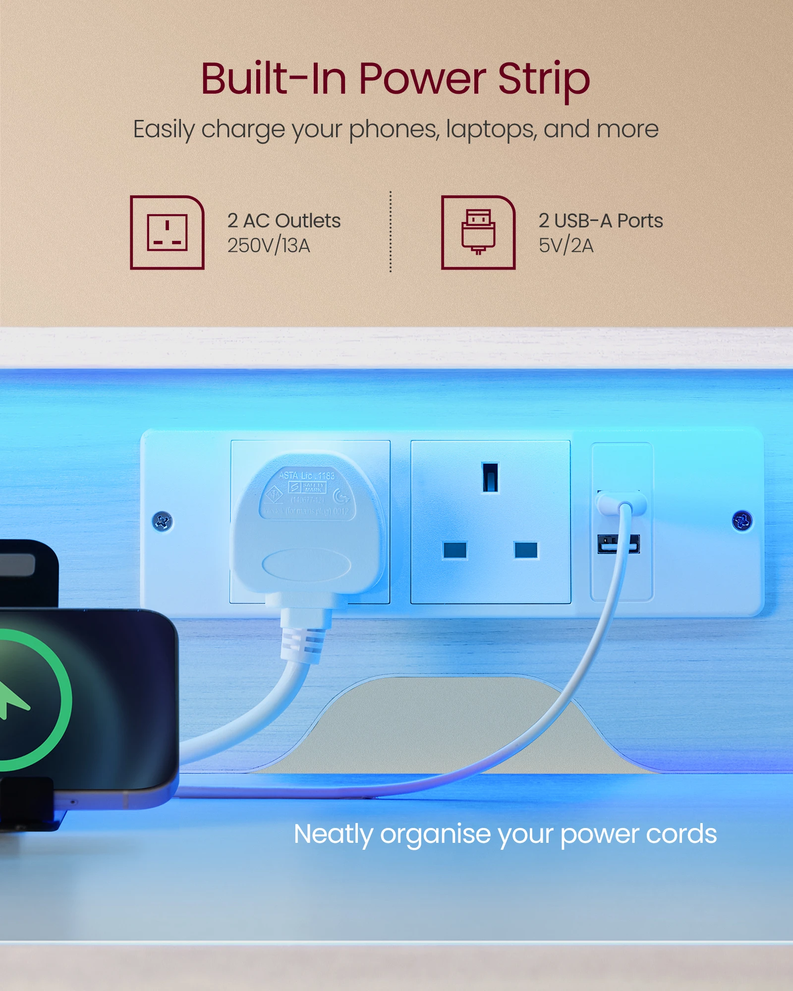 مكتب كمبيوتر VASAGLE مع أدراج قماشية، مكتب دراسة، إضاءة LED، 55 × 120 × 90 سم، منافذ طاقة مدمجة، 2 منافذ USB-A #3