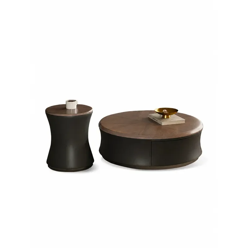 Medieval Style Round Coffee Table Set Walnut Color Living Room High End Atmospheric Tea Table Combination