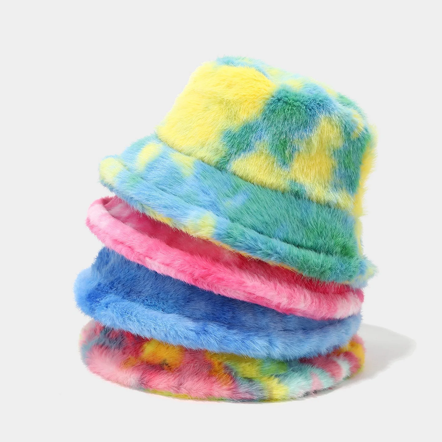 Women Colorful Tie Dye Faux Fur Bucket Hat Winter Warm Soft Fuzzy Sun Cap Fluffy Fisherman Hat Harajuku Streetwear