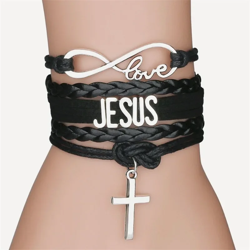 Classic Pink Black Leather Rope 8 Infinite Cross Bracelet Lucky Letter Love JESUS Bracelet for Women Men Girls Jewelry Gift