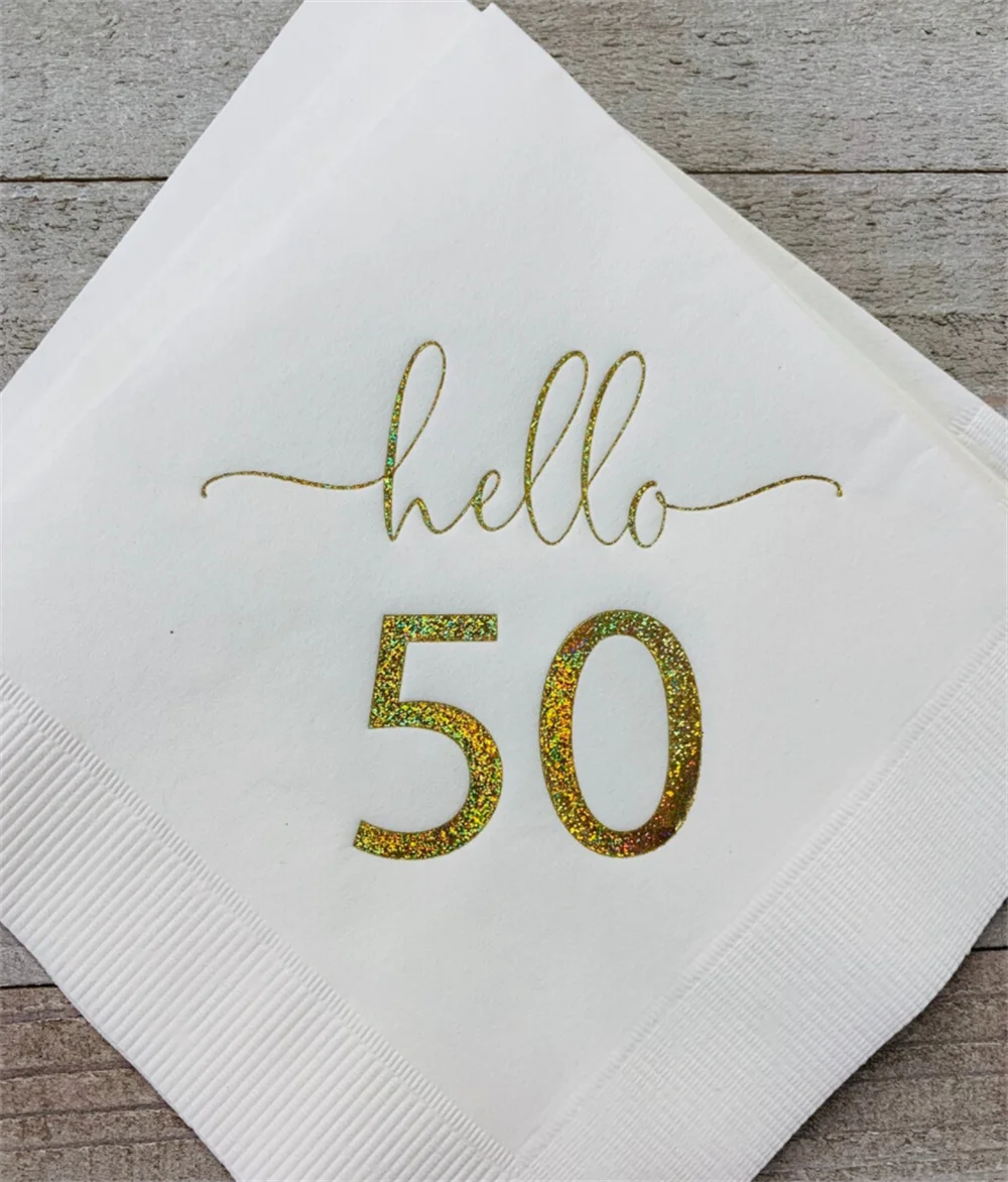 

50PCS Hello Fifty White w/Metallic Glitter Gold Foil Cocktail Beverage Napkins 3 Ply Happy Birthday 50th Hello 50 Fifty Fiftieth