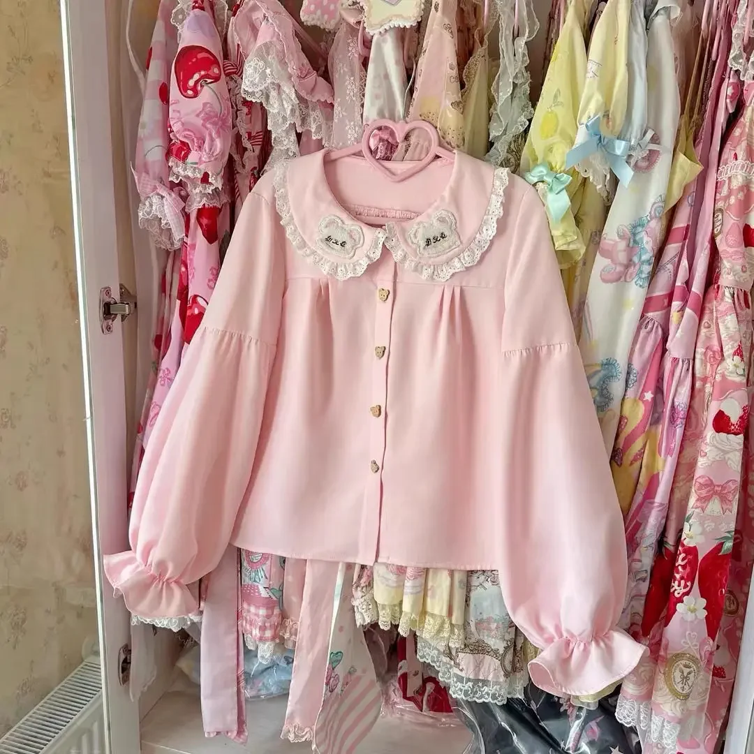 Japanese Girl Blouse Pink Teddy Bear Biscuit Shirt Sweet Cute Doll Long Sleeved Lolita Inner Shirt Bubble Sleeves Top