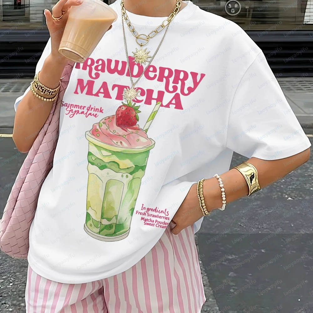 Erdbeer-Matcha-T-Shirt mit Tee-Print, Kurzarm-Rundhals-Oberteil mit Matcha-Pulver & Erdbeer-Bluse, geeignet für Urlaub.