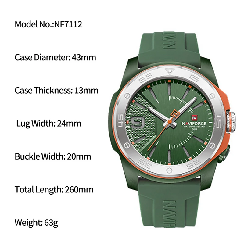 NAVIFORCE NF7112 Simple mode hommes montres Quartz affichage lumineux sport étanche bracelet en Silicone montre-bracelet