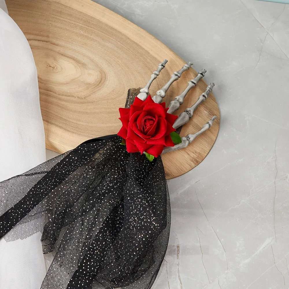 Headwear Punk Style Hand Bone Hair Clip Simulation Long Mesh Halloween Head Buckle with Rose Barrettes Kids