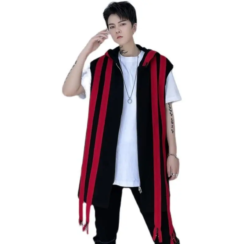 Spring and summer ins personalized zipper decoration men\'s loose Hooded Vest youth fashion men\'s hip-hop sleeveless coat