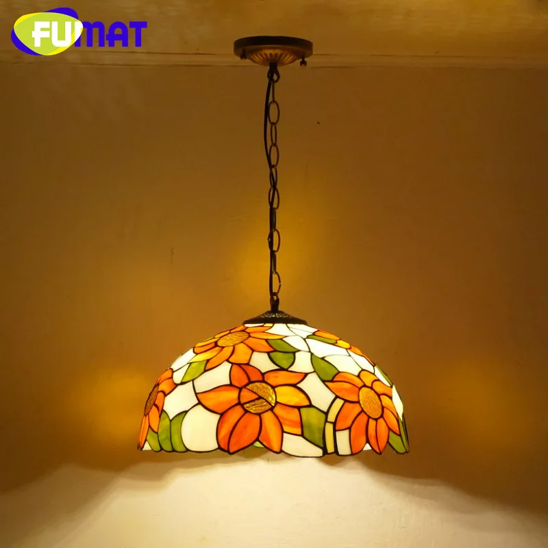 FUMAT Tiffany style Stained glass American Sunflower chandelier inverted pendant light Dining room bedroom hallway LED decor