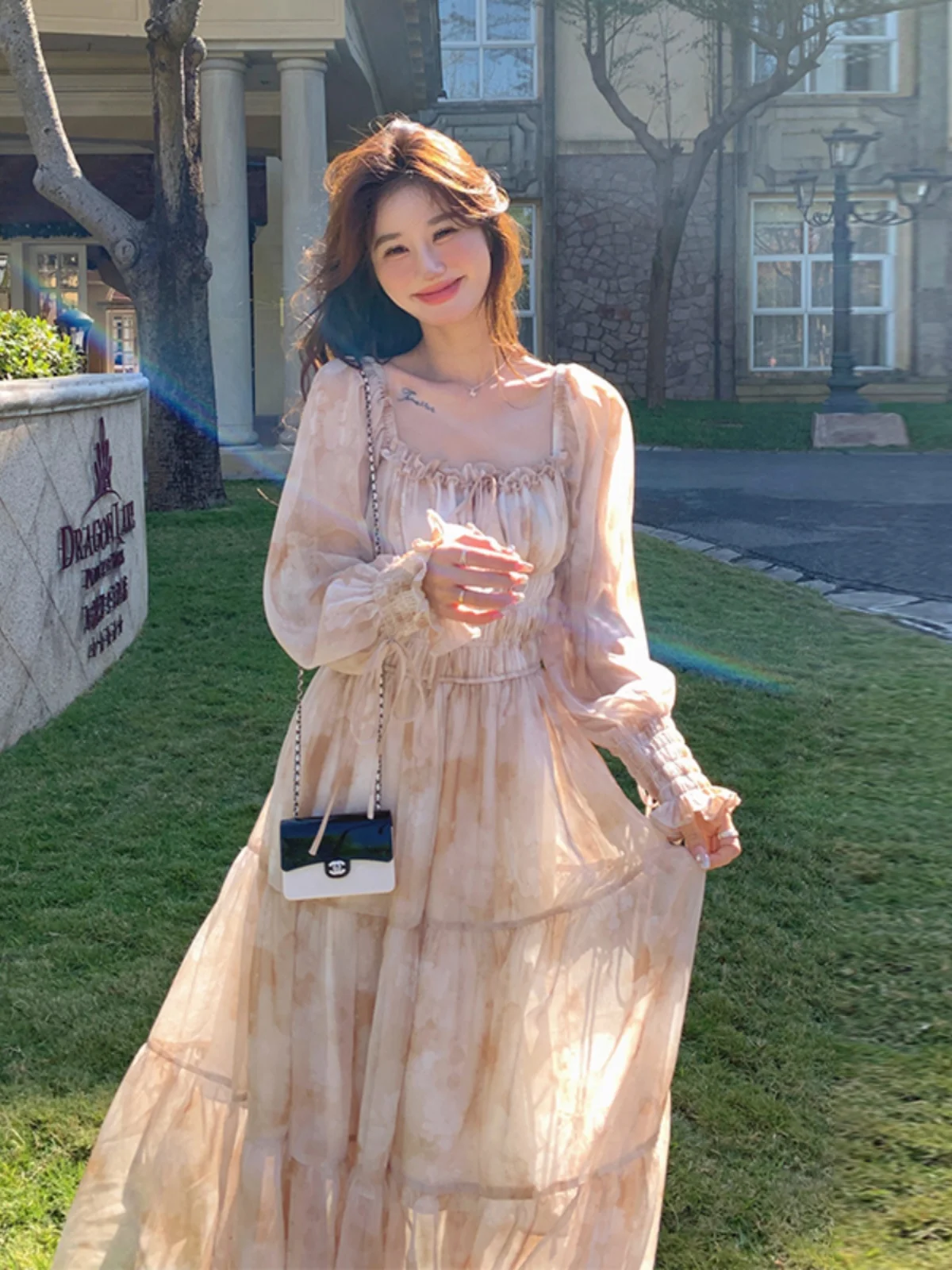 Ele Blumendruck Langer Damenrock für Frühling und Herbst mit Hoher Taille, A-Linie, Koreanischer Stil, für Pendler, Langer Rock für Teepausen