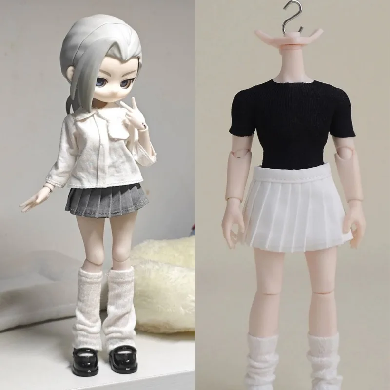 1/12 Scale Hooded Sweatshirt Knitted Shirt Short Sleeved Shirt Pleated Skirt for 6inchs BJD Asi 3.0 Action Figure Body