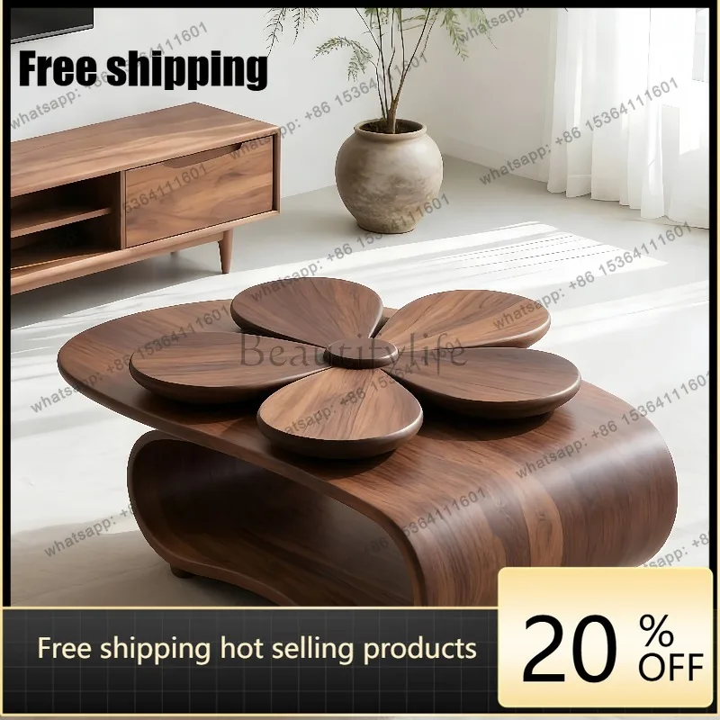 YJ New Chinese Black Walnut Coffee Table Special Petal Shape Design Custom Living Room Storage Table