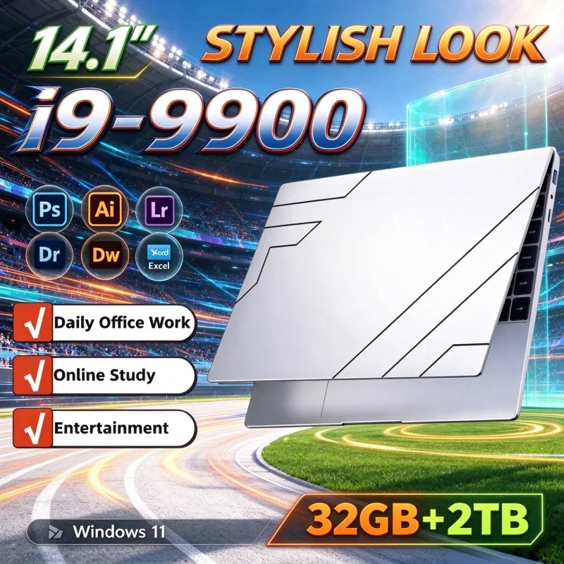 Laptop Intel I9 9900 Windows 11 14.1 Inch Secure Notebook Computer Gamer 32GB RAM 2TB SSD PC Gaming Office