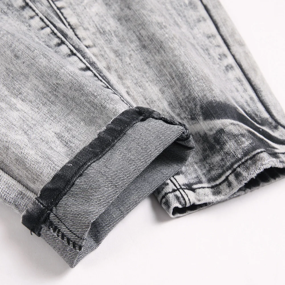 Men Gray Stretch Denim Jeans Star Patch Holes Ripped Distressed Pants Grey Slim Straight Trousers