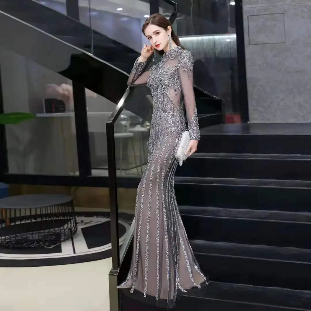 Wholesale Long Sleeves Party Wear Gown Sparkling Luxury Mermaid Long Formal Evening Dress One Piece Sexy Night Dress For Women