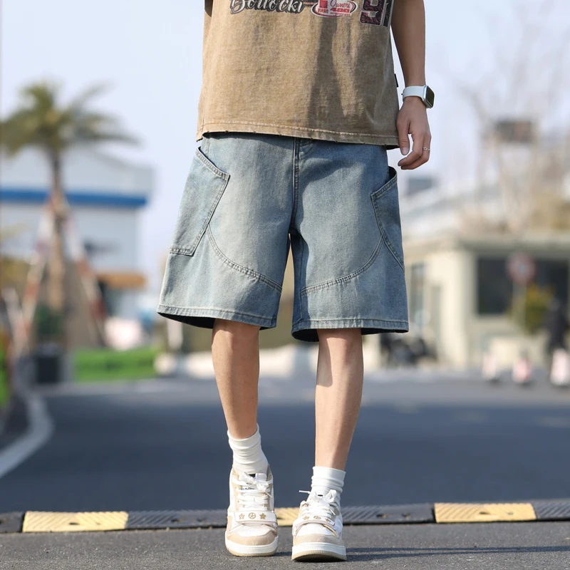 メンズヴィンテージルーズデニムショーツ Y2k ファッションカジュアルオーバーサイズショートカーゴパンツ夏の新ストリートストレートショートジーンズ男性