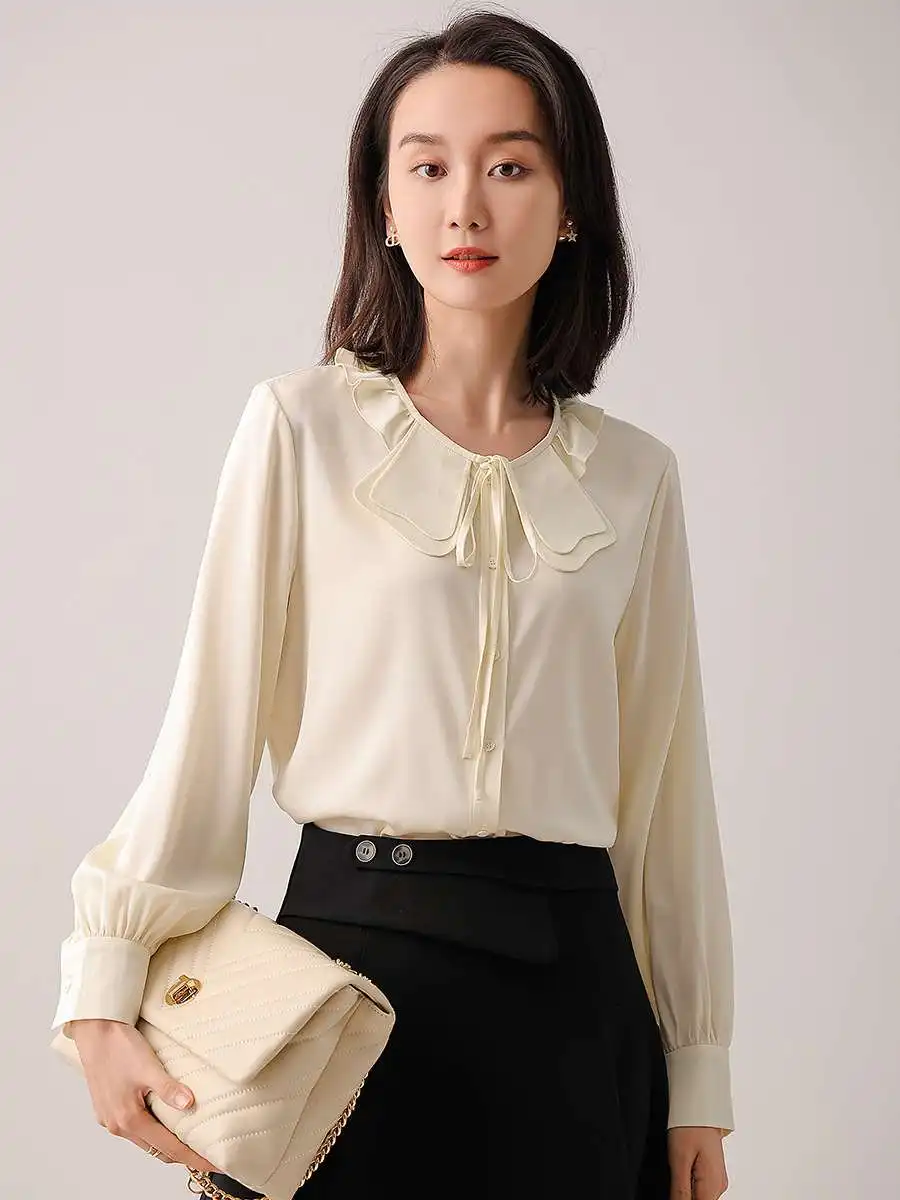 

Yaqi French Petal Collar Silk irt Women Spring New round Ne Long Sve Ladies Faion Ele White Color Pure Silk irt