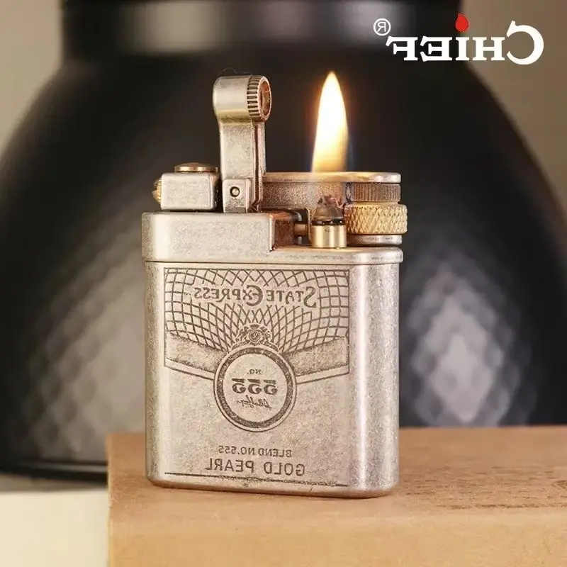 Chief Retro Semi-automatic Square Side Wheel  Lighter Pure Copper Molar Open Flame Cigarette Lighter Men's Gift  Gadgets for Men