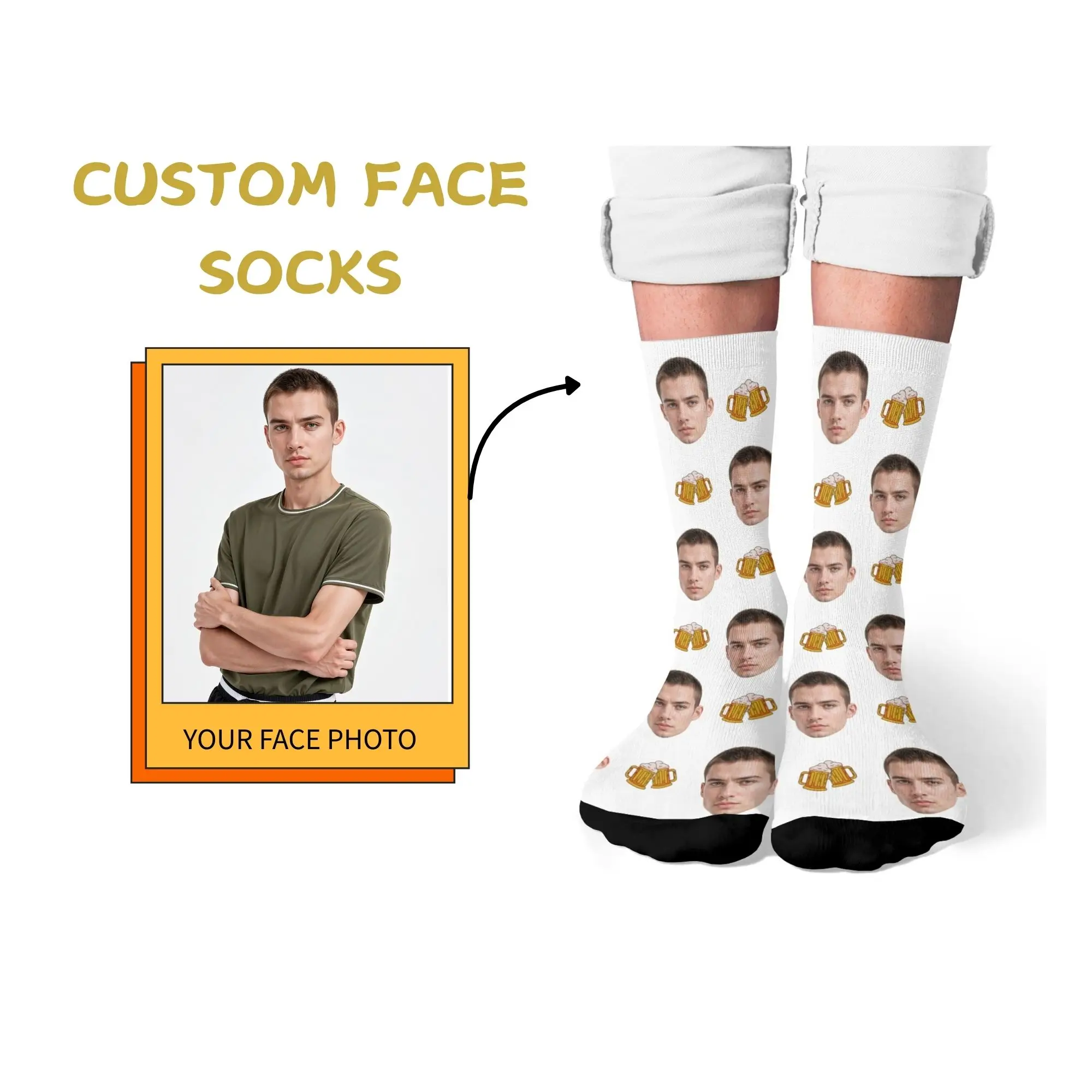 

Trendy Personalized Custom Beer Face Socks White Base with Beer Mugs & Your Face Photo Print Soft Warm for Beer Culture Fans
