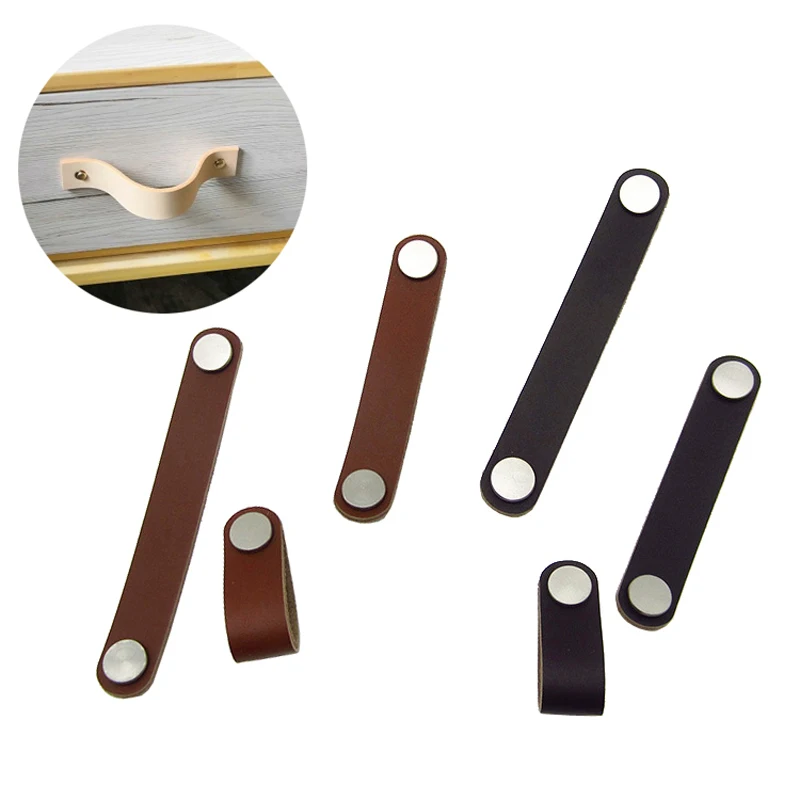 1Pcs Leather Handle Black/Brown Soft PU Leather Single Hole 96/128Mm Pulls Drawer Cabinet Wardrobe Knobs With Screw Home Decor