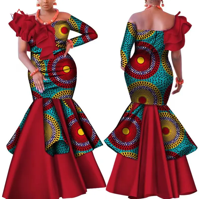 

Dashiki African Dress for Women Bazin Riche One-Shoulder Sexy Slash Neck Wedding Party Dress Traditional African Clothing