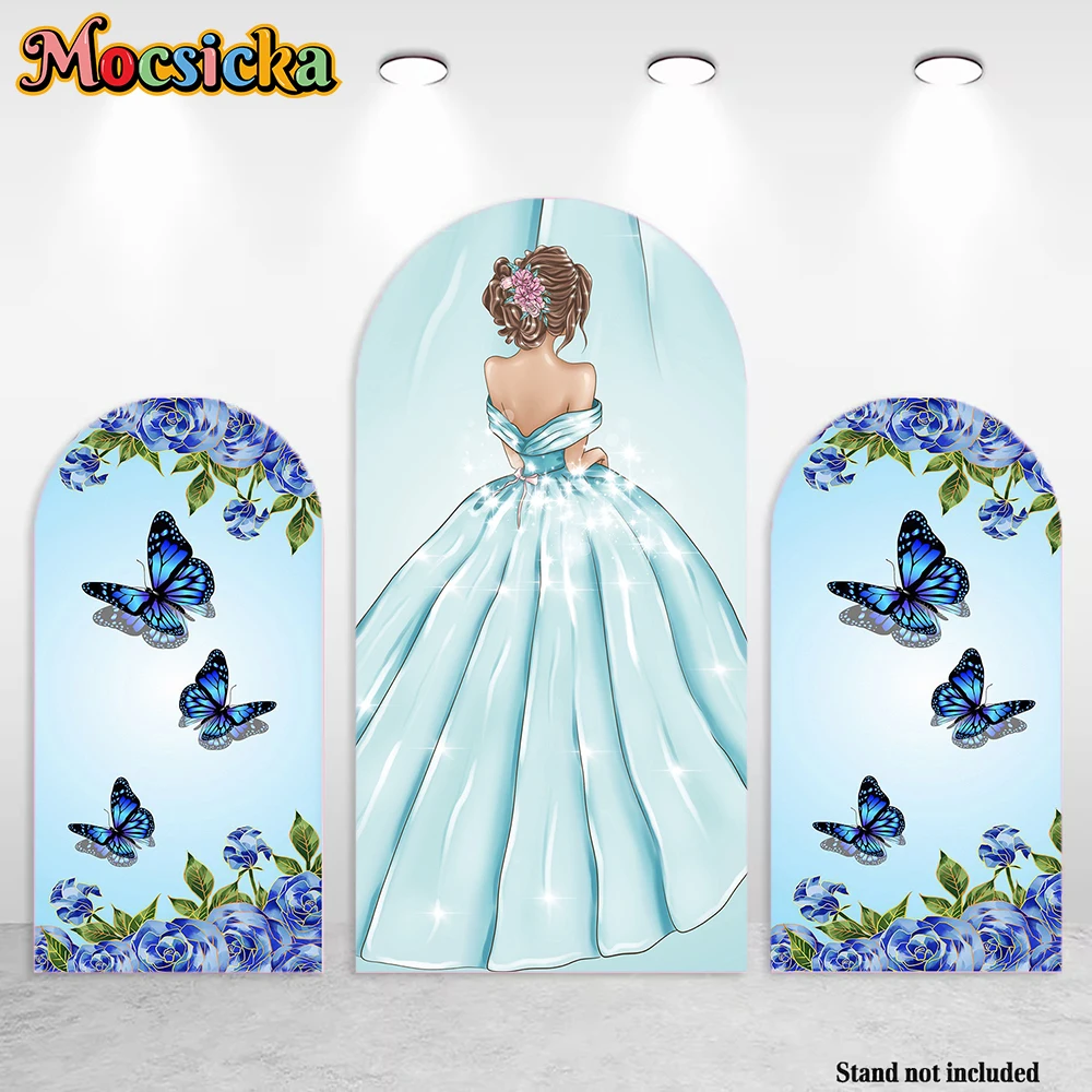 Mocsicka Girl Birthday Party Arch Background Glitter Blue Quinceanera Princess Dress Butterfly Crown Backdrop Bridal Show Photo