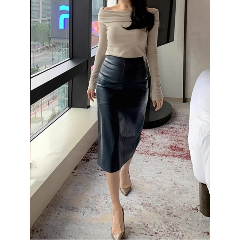 American StylepuLeather Skirt Skirt Women2024Autumn and Winter New High Waist Drooping Hip Skirt Small Mid-Length One-Step Skirt