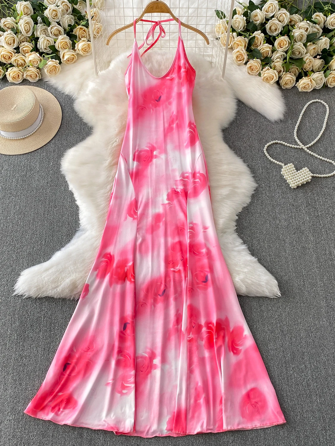 Ele Rose Pink Romantic V-ne Appeso Ne Dr Gonna lunga in raso che raccoglie la vita Coreano Sle Vita alta A-line Dr