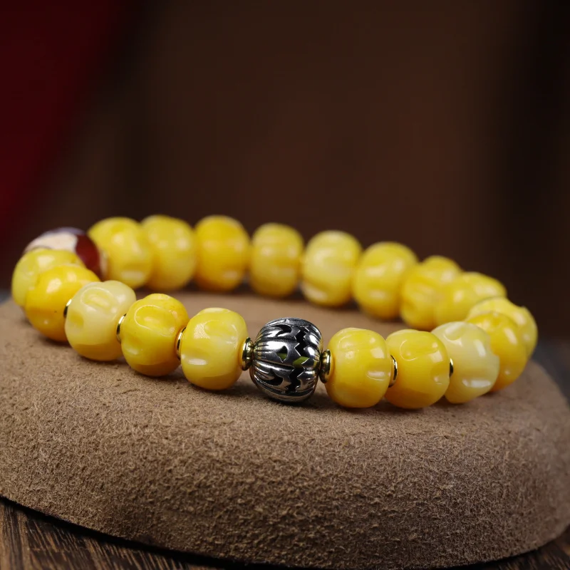 Yellow Chicken Grease Jadified Bone Carving Passion Fruit Seed Tibetan Bracelet Han