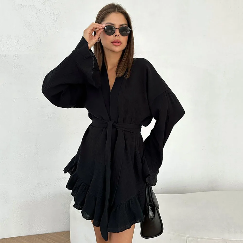 New Crepe Cotton Long-Sleeved Pajamas For Women Stylish Solid Color Loose Ruffled Cardigan Lace-up Robe+Shorts Sleepwear Suit