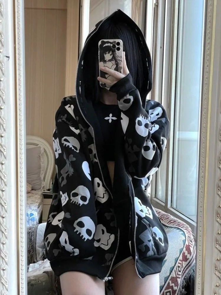 QWEEK Gothic Harajuku Punk Skull Hoodies Women Mall Goth Tops Streetwear Black Long Sleeve Zip Up Hooded Sweatshirt 2022 Autumn