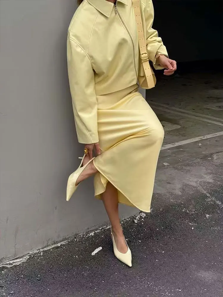 HH 여성 우아한 노란색 인조 가죽 재킷 턴다운 칼라 긴 소매 지퍼 코트 패션 하이 스트리트 여성 아우터웨어