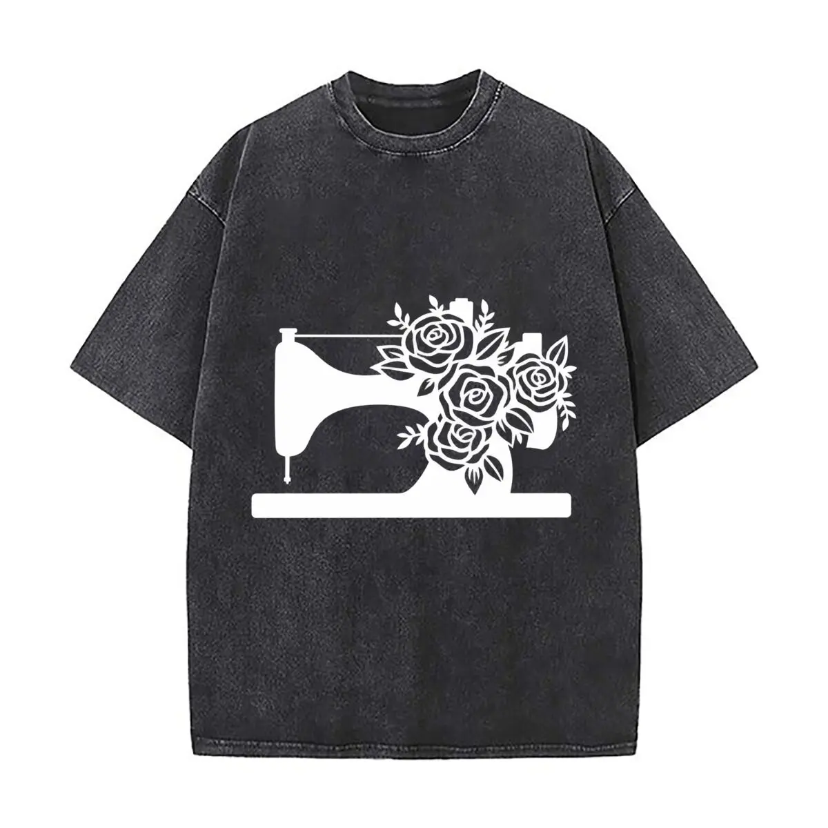 Floral Sewing Machine Quilting Design Washed Short Sleeve Loose Streetwear Tee Hip Hop