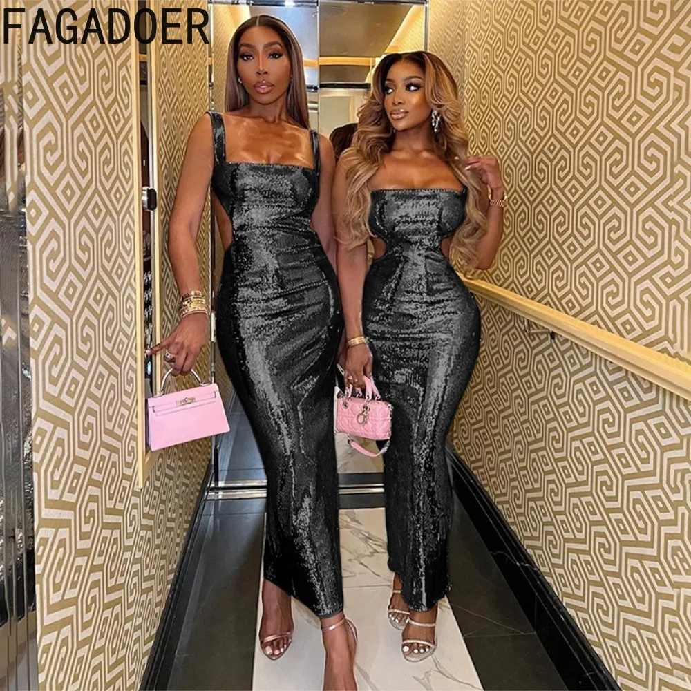 FAGADOER Fashion Sparkling Sequin Bodycon Suspenders Dresses Women Strap Sleeveless Backless Slim Vestidos Sexy Club Clothing