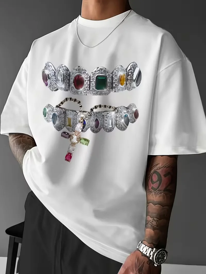 Vintage Street Style Gemstone Teeth Graphic T-Shirt Unisex Crew Neck Short-sleeved Retro Street Y2K Casual Fashion Tops Clothing