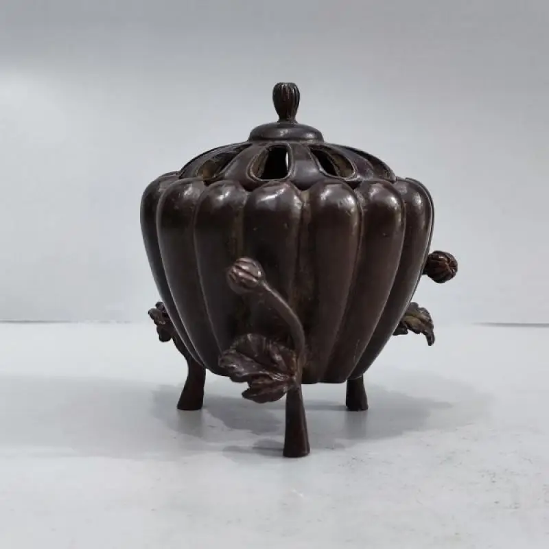 Brass Pumpkin Shaped Incense Burner Three Legged Tripod Censer with Openwork Lid Lotus Pattern Collectible Desktop Ornament