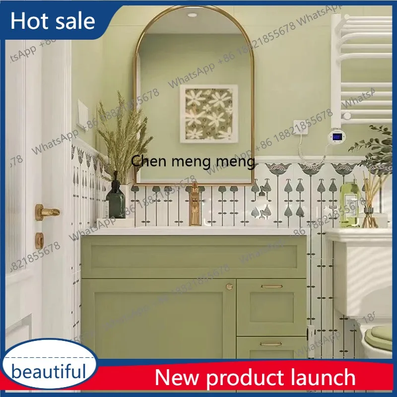 

A17 French bathroom cabinet combination, green paint washbasin cabinet customization, bathroom hand wash face