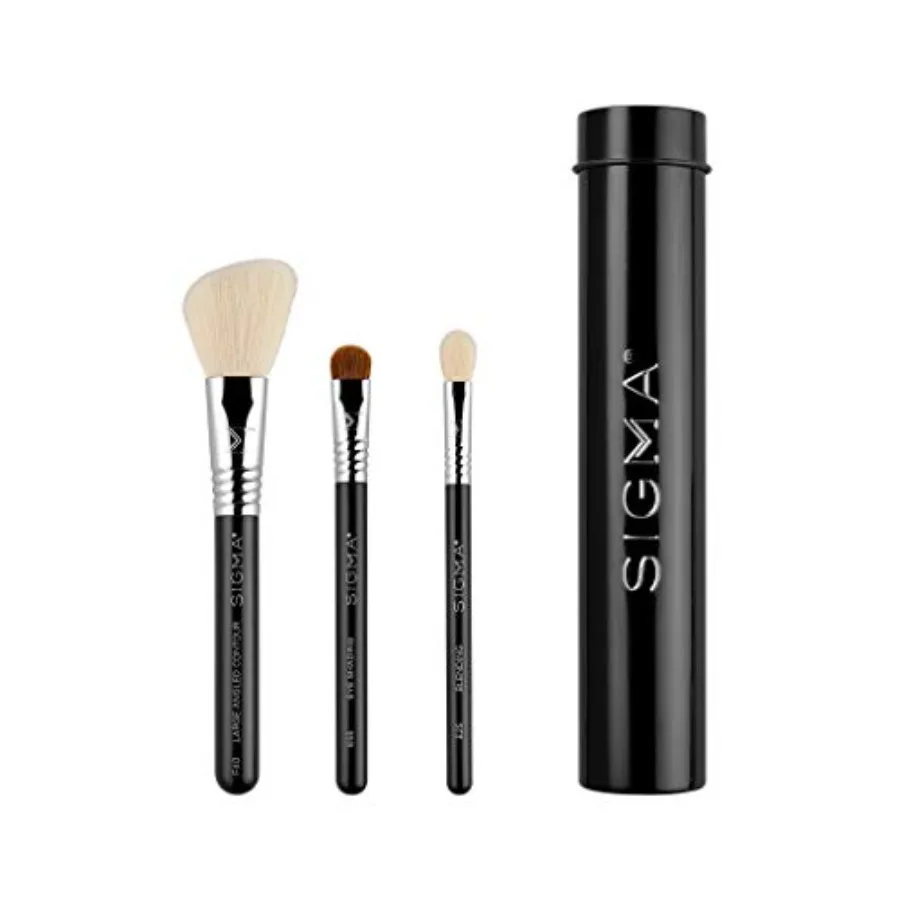 

Travel Essential Trio - Makeup Brush Set for Foundation Powder Eyeshadow - 3 Tool Brushes with Brush Tin Holder - Skin Safe Veg