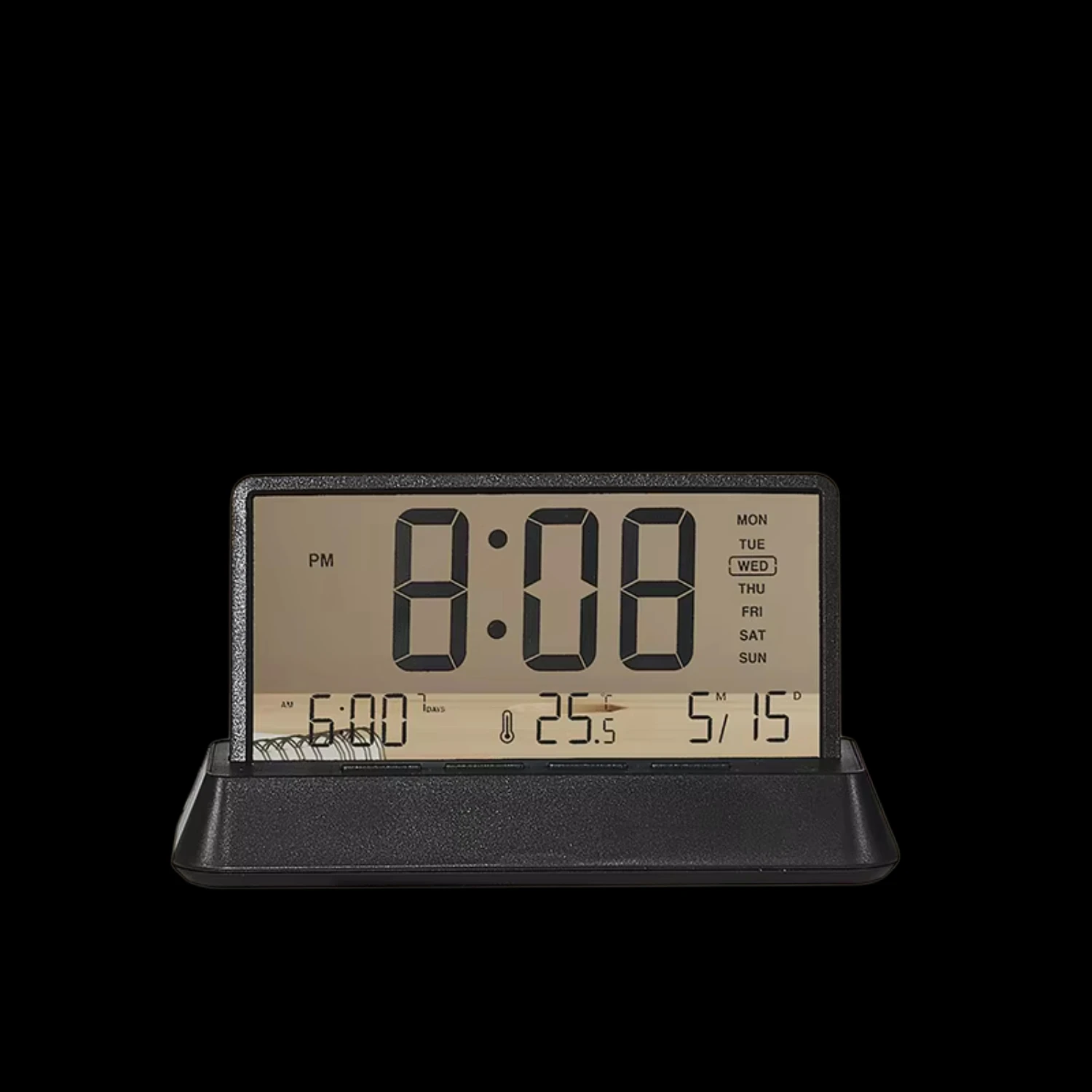 

LCD Digital Alarm Clock Transparent Date Week Temperature Display Three Alarms 12/24H Snooze Table Clock Batteries Powered