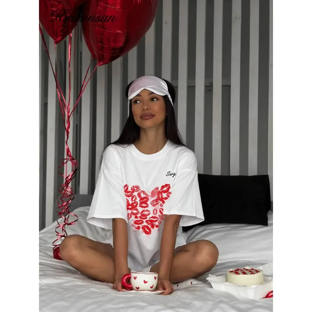 

2025 The Latest Fashion Lip Graphic Print Loose Large Size T-shirt Women's Summer Cotton Short Sleeve T-shirt Women's Top
