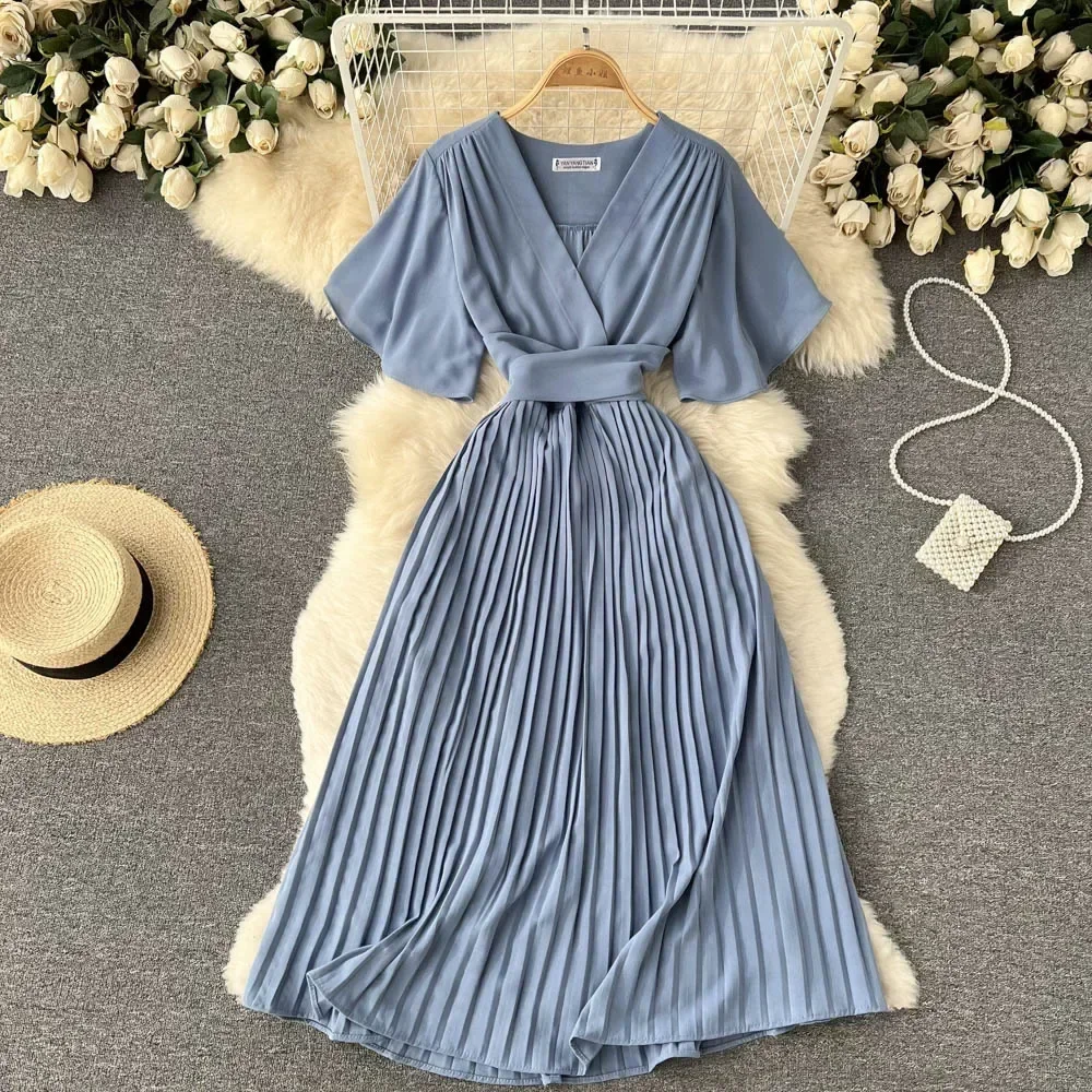 

Summer New French Pleated Dress Women Short Sleeve V Neck A-line Dresses Chiffon Vacation Beach Sundress