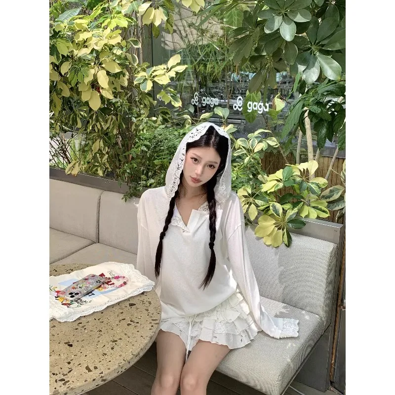 

Pure Cotton White Lace Splicing Hooded Sweatshirt Women's Pullover Autumn Fashion Loose Long-sleeved T-shirt Top Female Clothes
