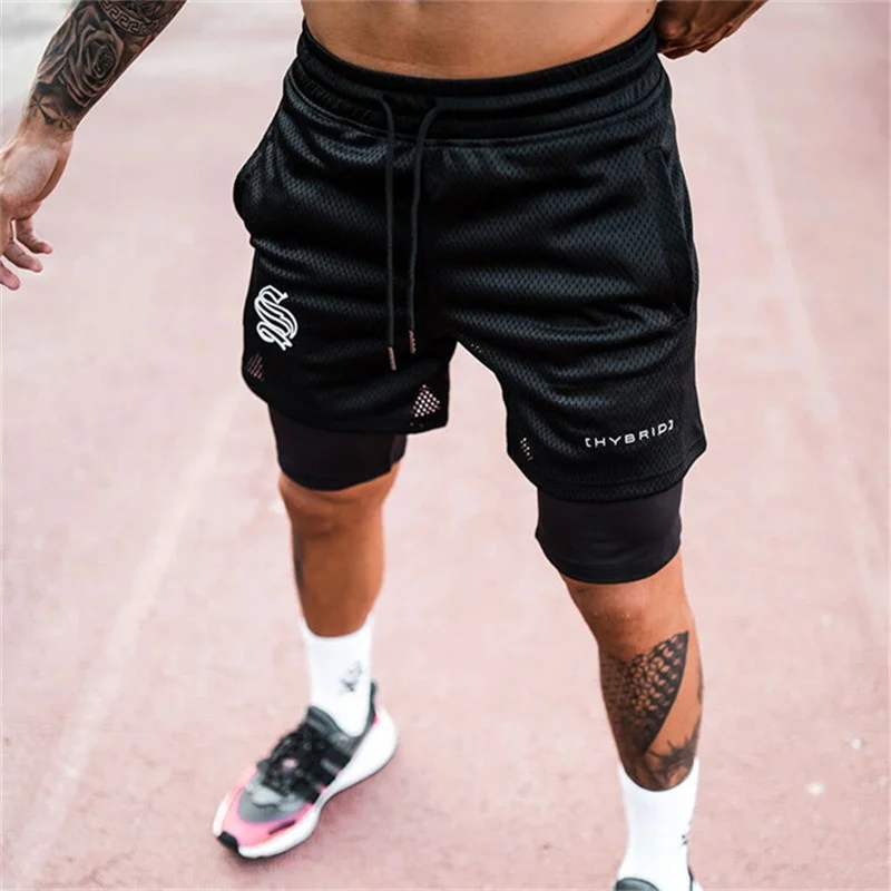 Summer Printing Breathable 2 In 1 Shorts Men Gyms Fitness Running Shorts Quick Dry Male Shorts Mesh Bodybuilding Short Pants