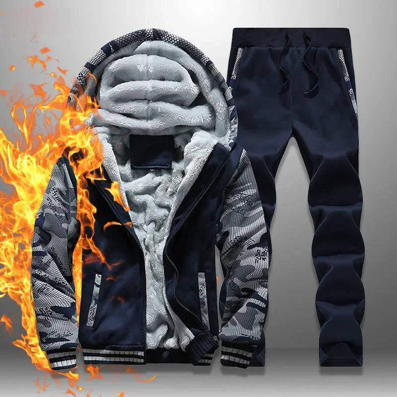 2022 Fleece Winter Tracksuit Men Set Streetwear Mens Hoodie Sets Camouflage Thick Hooded Jacket Male Patchwork Moleton Masculino